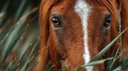 Close-up of a brown horse's face among green grass in a serene rural landscape during the day