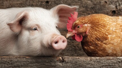 Farm animals share a peaceful moment captured in a rustic barn setting with a pig and a hen close together
