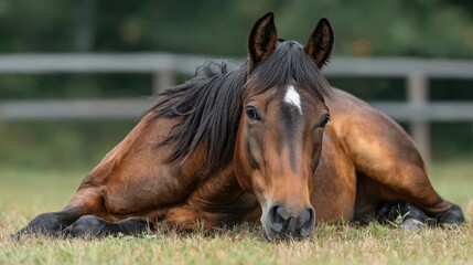 Brown horse resting on grassy field with wooden fence in background during calm afternoon