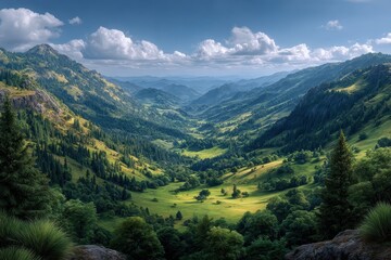 Obraz premium Breathtaking alpine valley bathed in sunlight, showcasing lush green meadows and forested hillsides under a cloudy sky.