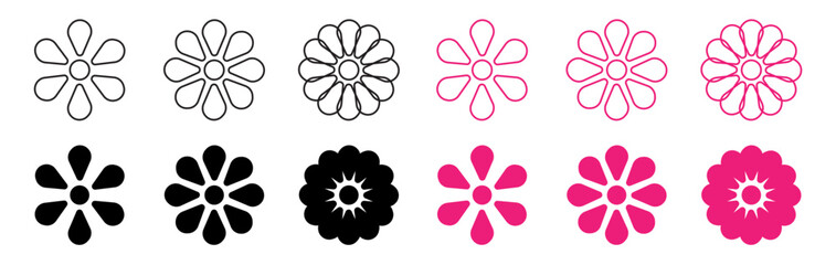 Minimal line flower icon. Flat floral silhouette set, flowers petal shape, daisy symbol isolated