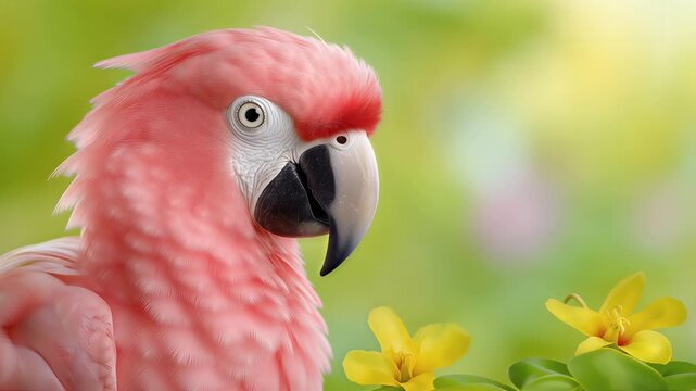 A vibrant CGI animation of a pink parrot perched beside a yellow flower, set against a softly blurred green and floral background. 