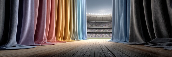 Curtains parting to reveal a stadium filled with excited fans during a major sporting event at twilight