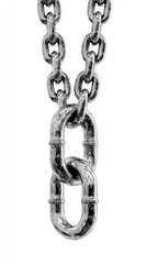 Shiny silver chain with large links hanging vertically against a white background, perfect for showcasing jewelry design and craftsmanship