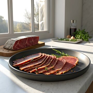 Pastrami, Pastrami slices, Pastrami slices on an elegant black plate, sunlight falling on it from an angle, making it more visible and attractive, close-up, kitchen background