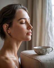 Serene Young Woman Enjoying Morning Coffee Mindfulness Self-Care Ritual