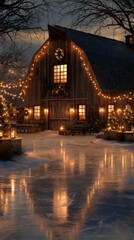 Winter wonderland barn adorned with lights and festive decorations in a tranquil snowy landscape at dusk
