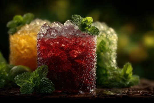 Refreshingly Cold Refreshing Summer Drinks with Crushed Ice and Mint Leaves in Focus
