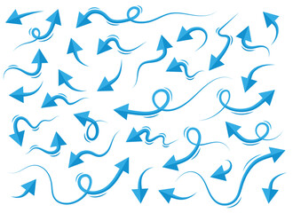A collection of blue directional arrows is scattered across a white background, each arrow featuring a distinctive curled or wavy design emphasizing movement.