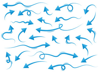 This image features numerous arrows, each with a unique design, pointing in diverse directions. They have a stylized, abstract appearance on a plain white background.