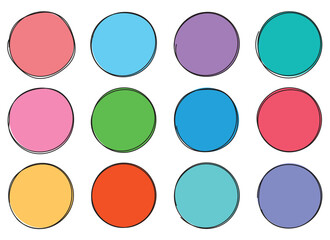 A simple composition featuring twelve colorful circles arranged in a grid, each with a hand-drawn style outline. The colors include shades of pink, blue, green, orange, and purple.