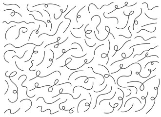 Minimalist abstract illustration with black curved lines and loops scattered on a white background. It has a simple, hand-drawn aesthetic with organic shapes and forms.