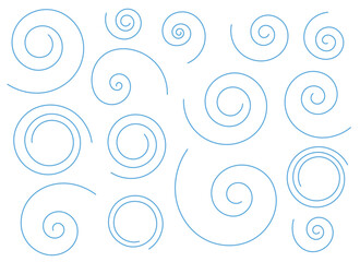A clean, minimalist graphic of various blue spiral designs scattered across a white backdrop, creating a sense of movement and flow in a simple yet elegant arrangement.