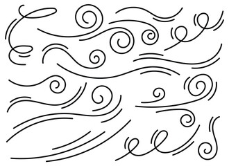 A collection of free-flowing line art showcasing wind swirls and stylized gusts of air. The varying densities and curves evoke movement and atmosphere in a simple design.
