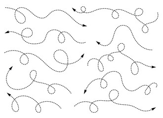 A collection of decorative dotted line arrows on a white background, each following a unique curved or looped path and ending in a distinct arrowhead.