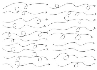 Obraz premium On a white background are black dotted lines ending in arrows. They curve and loop. Lines indicate various paths and trajectories, suggesting direction and movement.