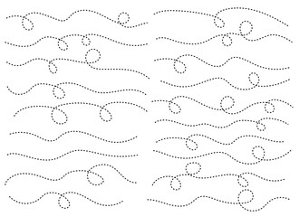 Obraz premium A collection of black dotted lines undulate across a white backdrop, some forming loops, creating a rhythmic, abstract pattern suggesting flow and dynamic movement.