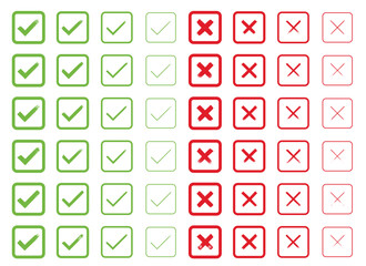 A collection of square checkmarks and cross marks is arranged on a white backdrop.  Green checkmarks sit alongside fading red cross marks in organized rows.