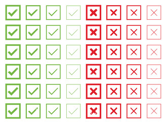 A grid of checkmarks and crosses is shown against a white background. The left side features green checkmarks, while the right side shows red crosses, indicating choices.