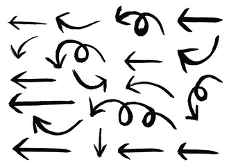 Expressive hand-drawn arrow set. Arrows point in various directions and feature different styles from simple lines to swirls. Created with bold and artistic black brush strokes.