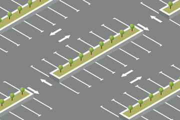 This is an overhead shot of a parking lot that has parking spaces, directions, and isles with trees. It's an isometric illustration of the lot. © Creativeclipcloud