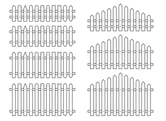Assorted designs of garden fences are illustrated in a line art style. The fences vary in picket shape and height, providing options for landscaping projects.