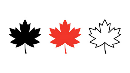 Three Maple Leaf Icons Black Red and Outline on White Background Keywords: maple leaf, canada