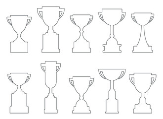 The image features ten individual outline illustrations of trophies arranged against a clean, white background. Each trophy design varies in style, shape and size.