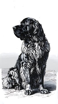 Detailed black and white illustration of a Newfoundlander dog.
