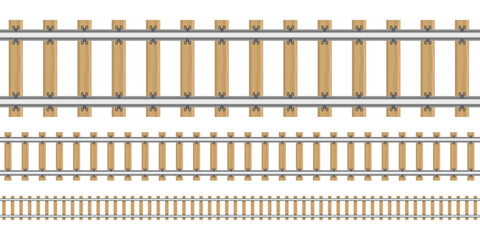 A straight on, top down view of train tracks. Three different sizes of railroad tracks are shown, with the tracks getting smaller with distance. 