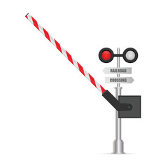 A monochrome illustration depicts a railroad crossing barrier with red and white warning lights and directional signs, indicating the presence of a railway crossing ahead.
