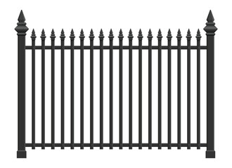 A symmetrically designed, black iron fence against a white backdrop. It features vertical bars topped with spear-shaped finials between decorative posts on either end.