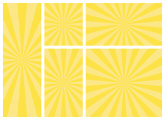 A set of yellow backgrounds with sunburst patterns, offering a dynamic visual for designs. The arrangement features various shapes, enhancing versatility in application.