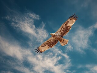 Obraz premium Eagle Soaring High with Wings Spread, Amidst Clear Blue Sky and Fluffy Clouds