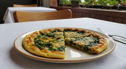 A spinach and cheese galette cut into slices on a white plate with a fork on a white table