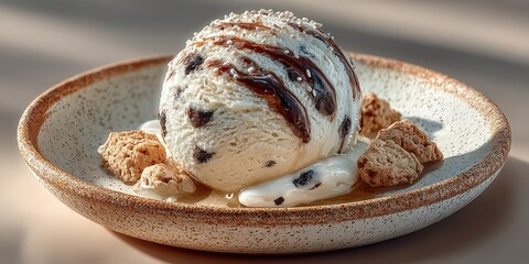 Delicious scoop of ice cream with cookie crumbles and chocolate drizzle presented on a rustic plate