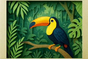 A colorful toucan perched on a branch in a lush, layered jungle scene.
