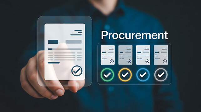 Person interacting with digital procurement process on a futuristic interface business