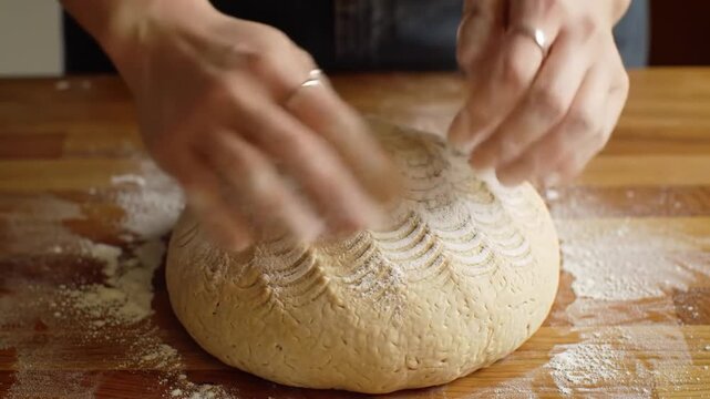 Preparing Homemade Sourdough Bread Dough with Flour Dusting Pattern