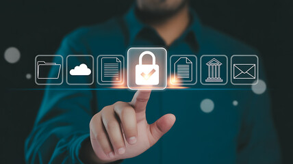 Finger touching a digital security lock icon on a futuristic interface data protection