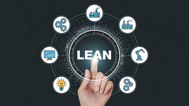 Businessman touching LEAN manufacturing concept with icons lean manufacturing efficiency