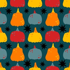 Autumn harvest vegetable seamless monster Halloween pumpkins pattern for wrapping paper and fabrics