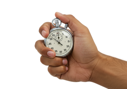 Timing your success stopwatch in hand personal goal setting indoor space motivation isolated on transparent background