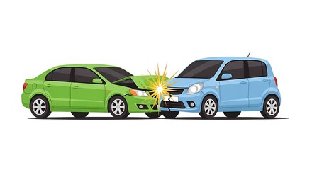 Fototapeta premium Illustration of a Car Crash Accident with a Green Sedan and a Blue Hatchback Showing Front End Damage and Safety Concerns