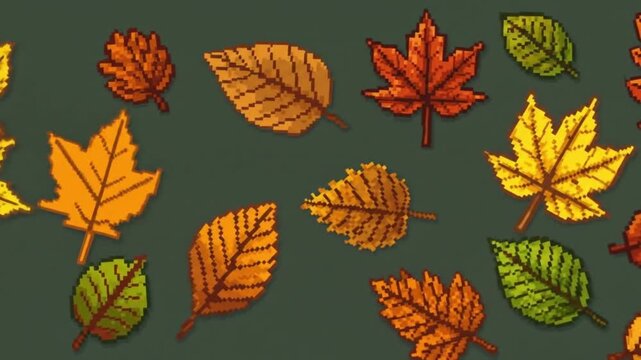 A pixel art display of various autumn leaves in shades of orange yellow and green on a dark background