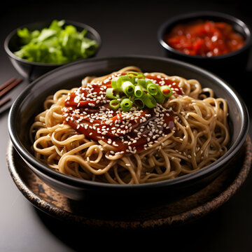 Clean macro photograph featuring Mazesoba in black ceramic bowl, glossy tare sheen and sesame sprinkle, subtle soft shadow beneath, high resolution food cutout, transparent background, even illuminati