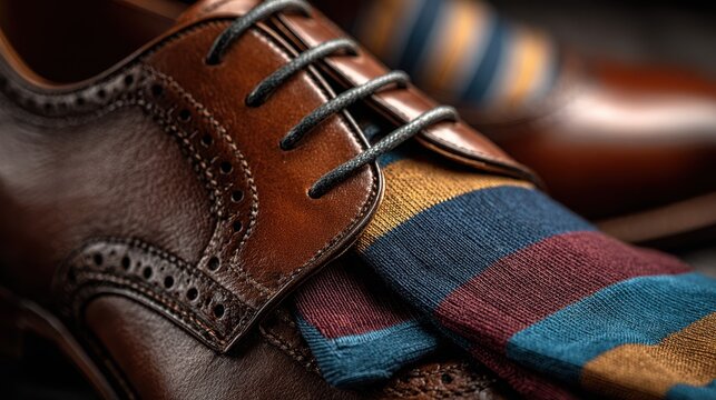 Stylish brown leather shoes paired with colorful striped socks for a sophisticated look at a formal event