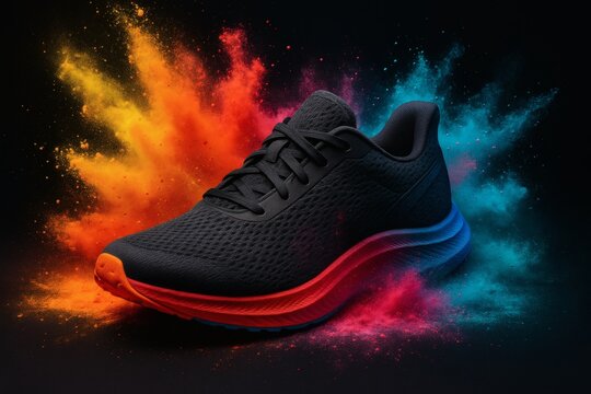 black running shoe surrounded by colorful powder explosions on a dark background