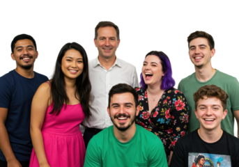Group portrait of diverse friends laughing together in studio fun atmosphere isolated on transparent background