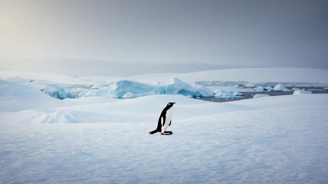 A solitary Adelie penguin stands on a vast snowy expanse, surrounded by icy blue landscapes and distant icebergs. The serene and cold Antarctic scene captures the penguin&rsquo;s resilience in its harsh env